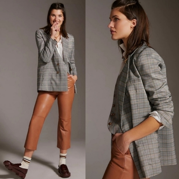 New Anthropologie Hutch Classic Longline Double Breasted Plaid Maize Blazer Sz M - Picture 5 of 17